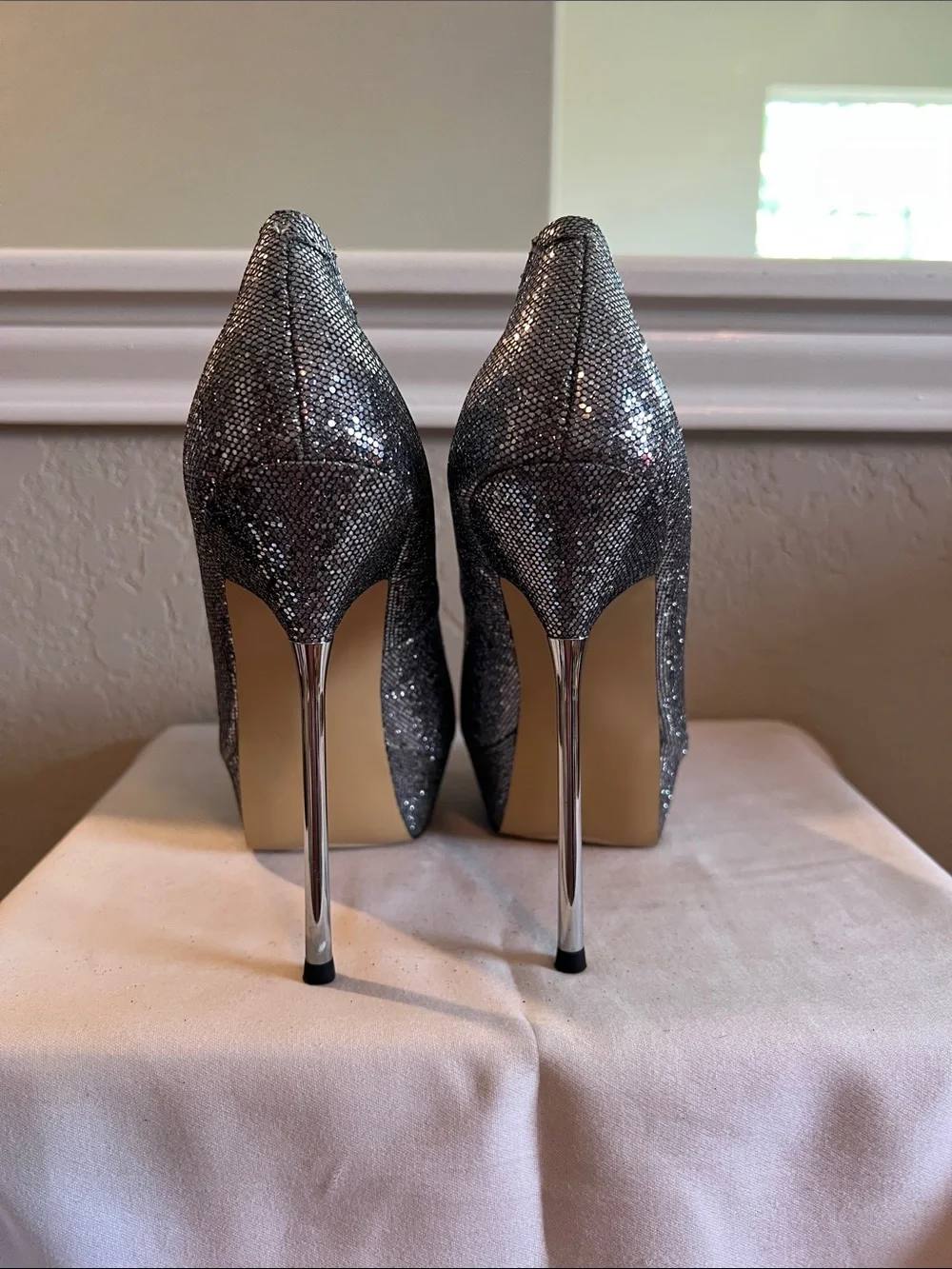 Steve Madden Gunmetal Glitter Peep-Toe Platform Heels